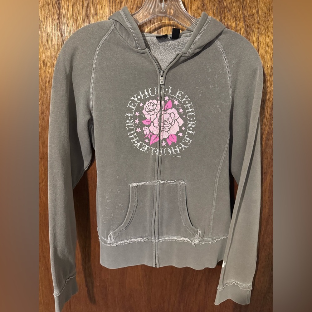 Hurley Gray and Pink Zip-Up Hoodie Women’s Size Medium